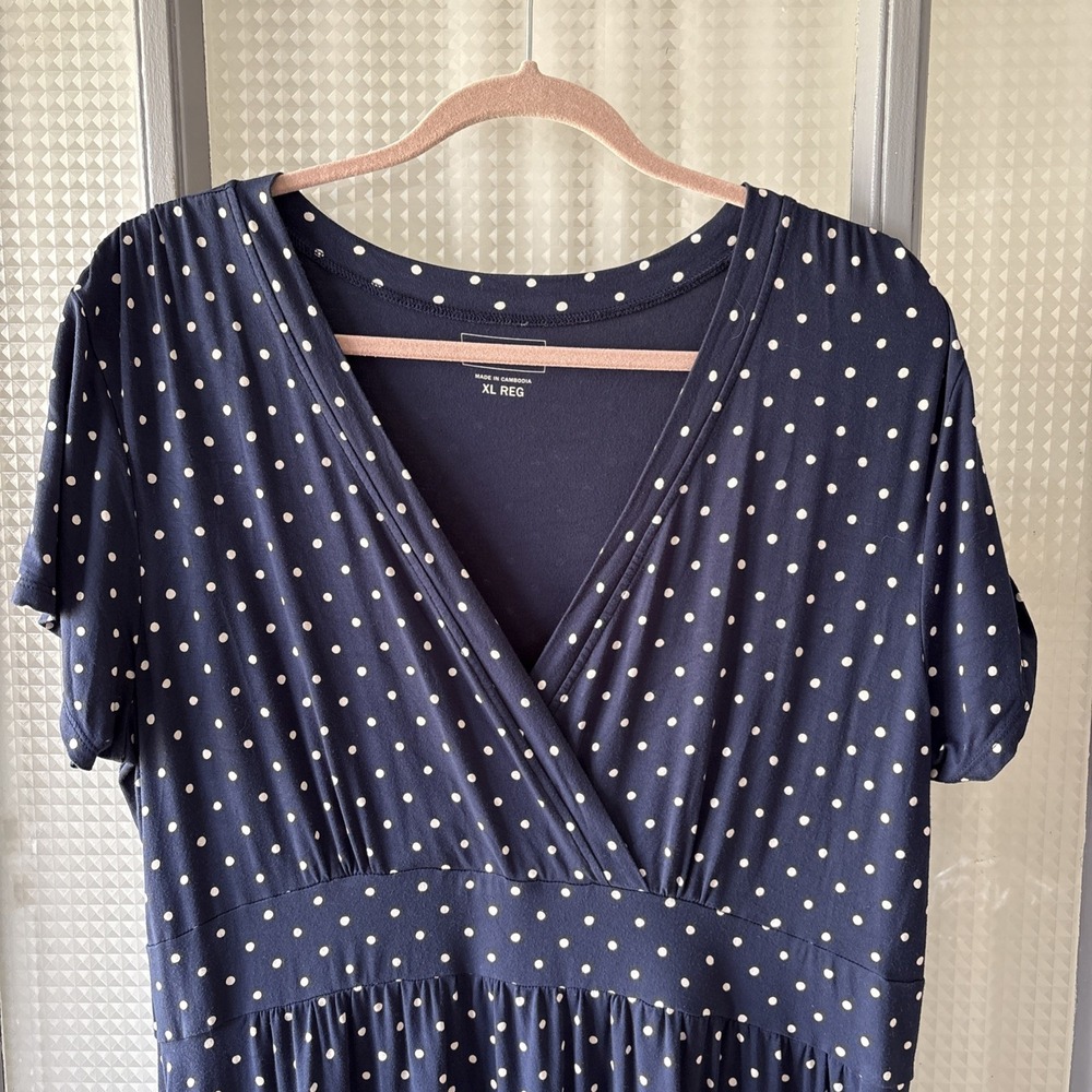 LL Bean Navy Blue Polka Dot Empire Waist V-Neck A-Line Dress XL Reg